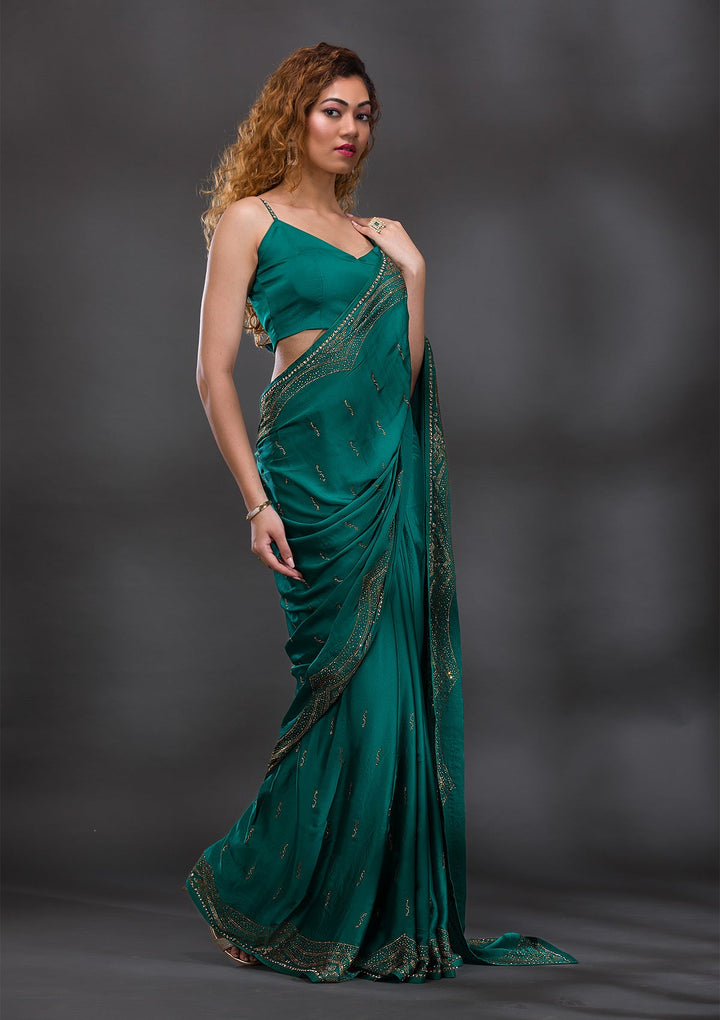 Rama Green Swarovski Satin Saree-Koskii