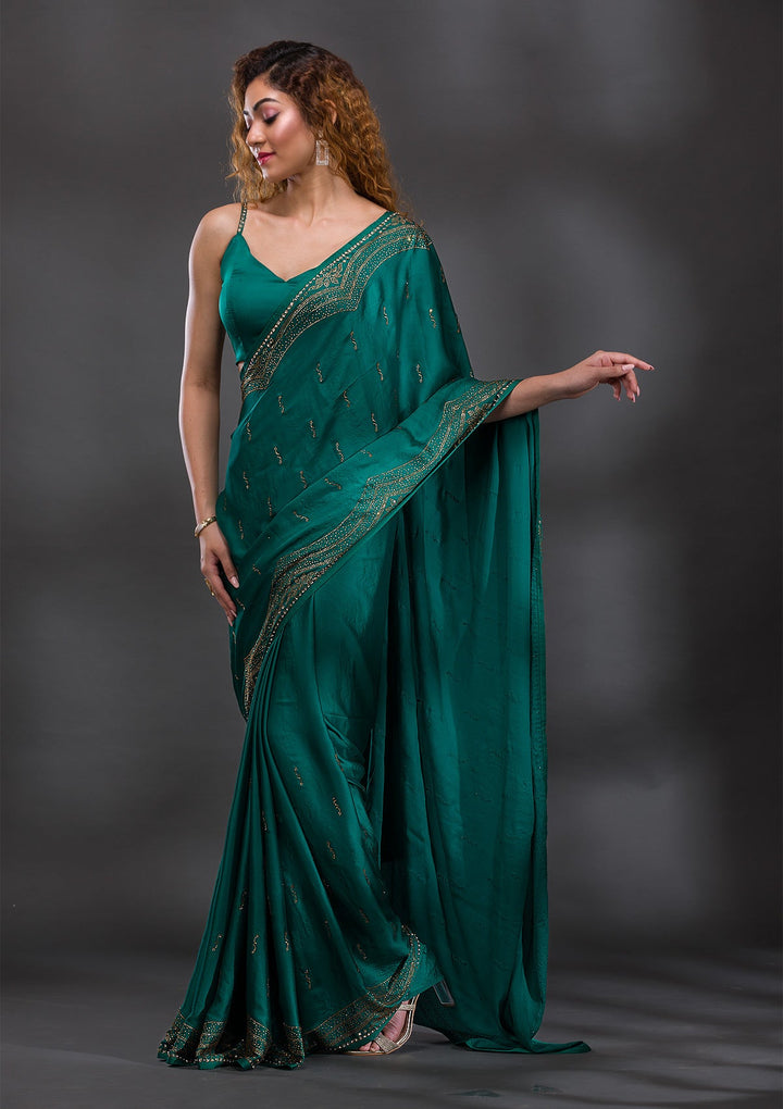 Rama Green Swarovski Satin Saree-Koskii