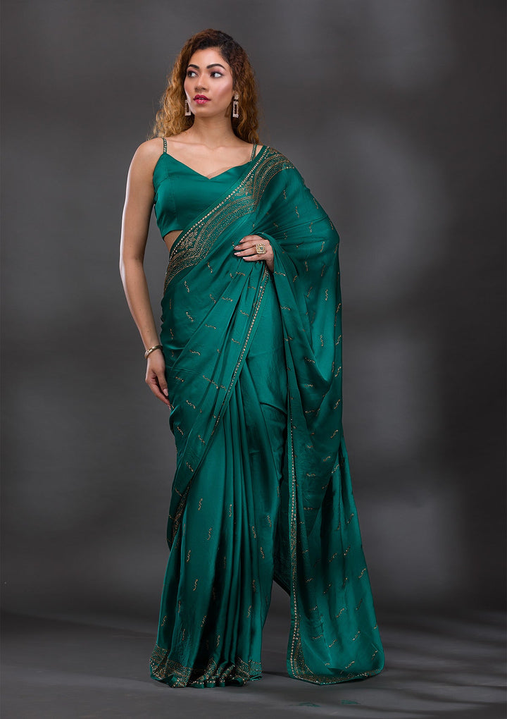 Rama Green Swarovski Satin Saree-Koskii