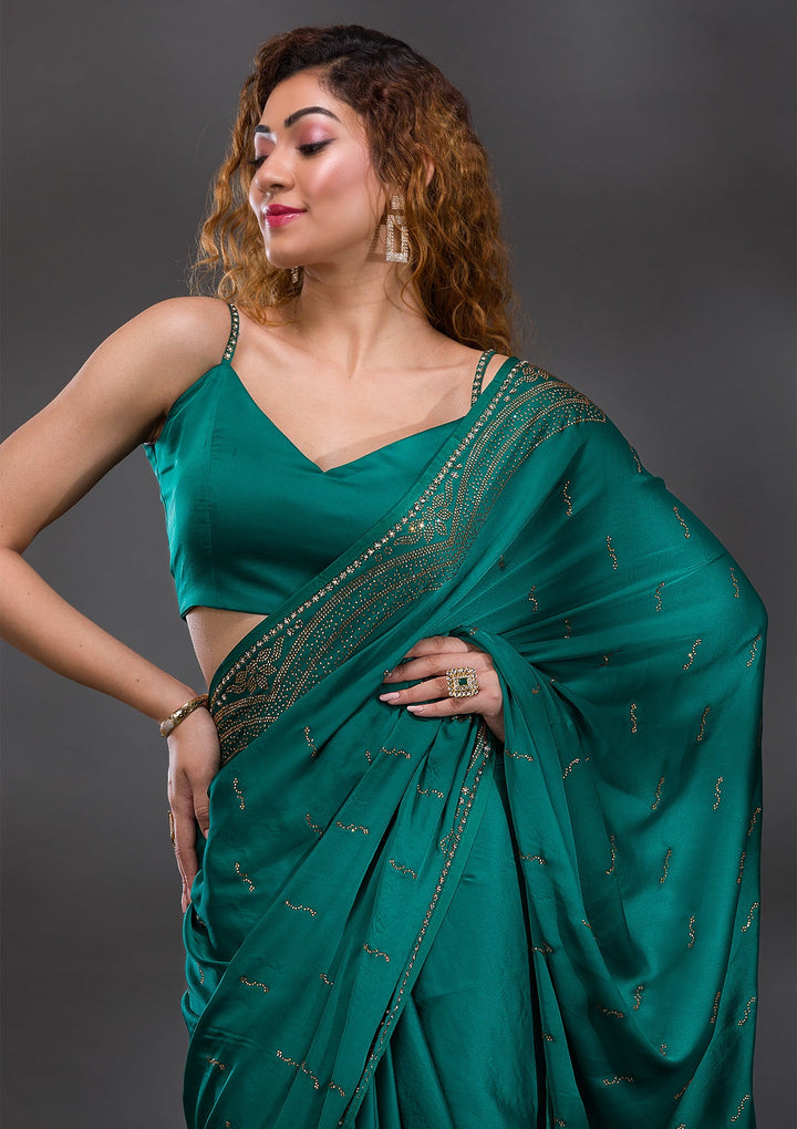 Rama Green Swarovski Satin Saree-Koskii