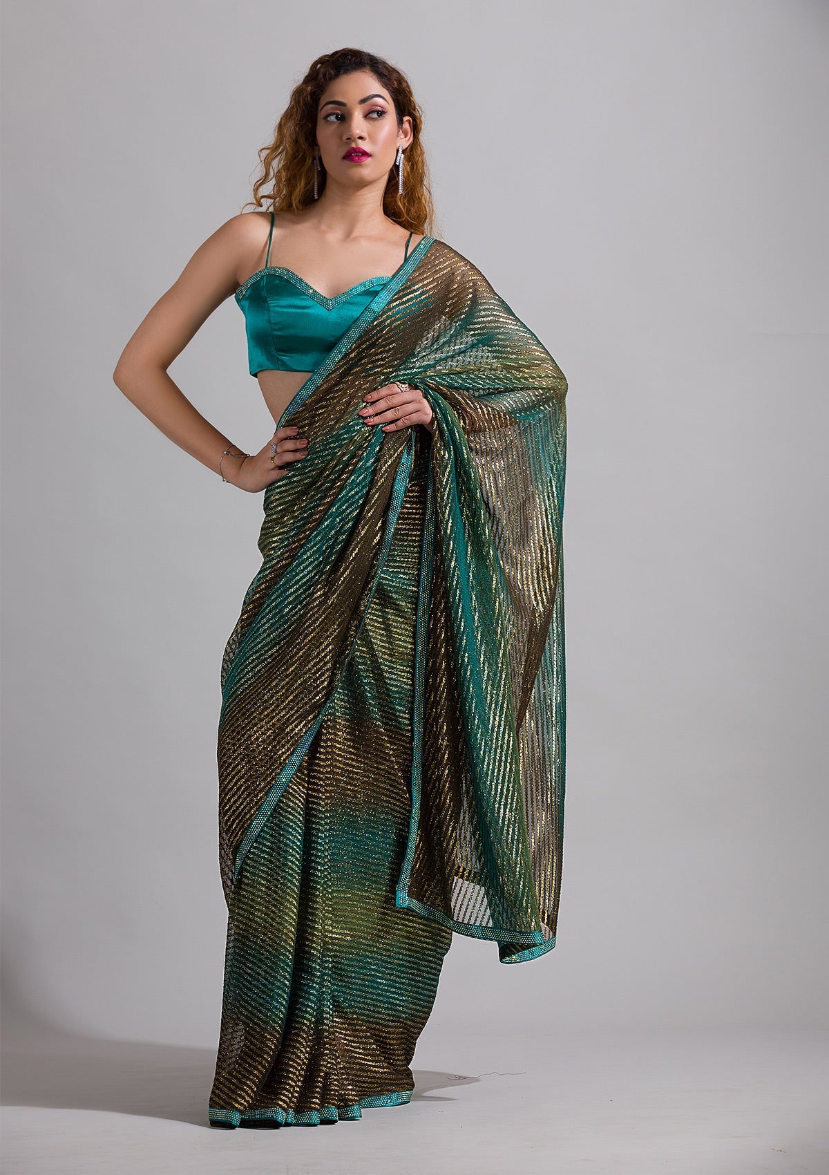 Rama Green Swarovski Shimmer Georgette Saree-Koskii