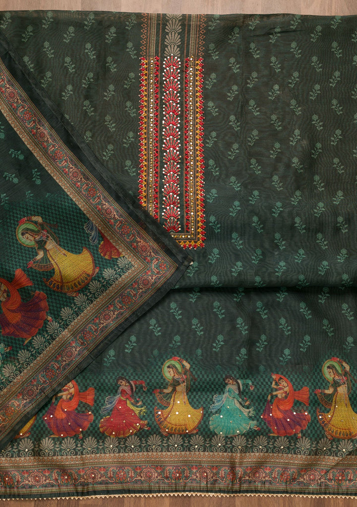 Rama Green Threadwork Chanderi Unstitched Salwar Suit-Koskii