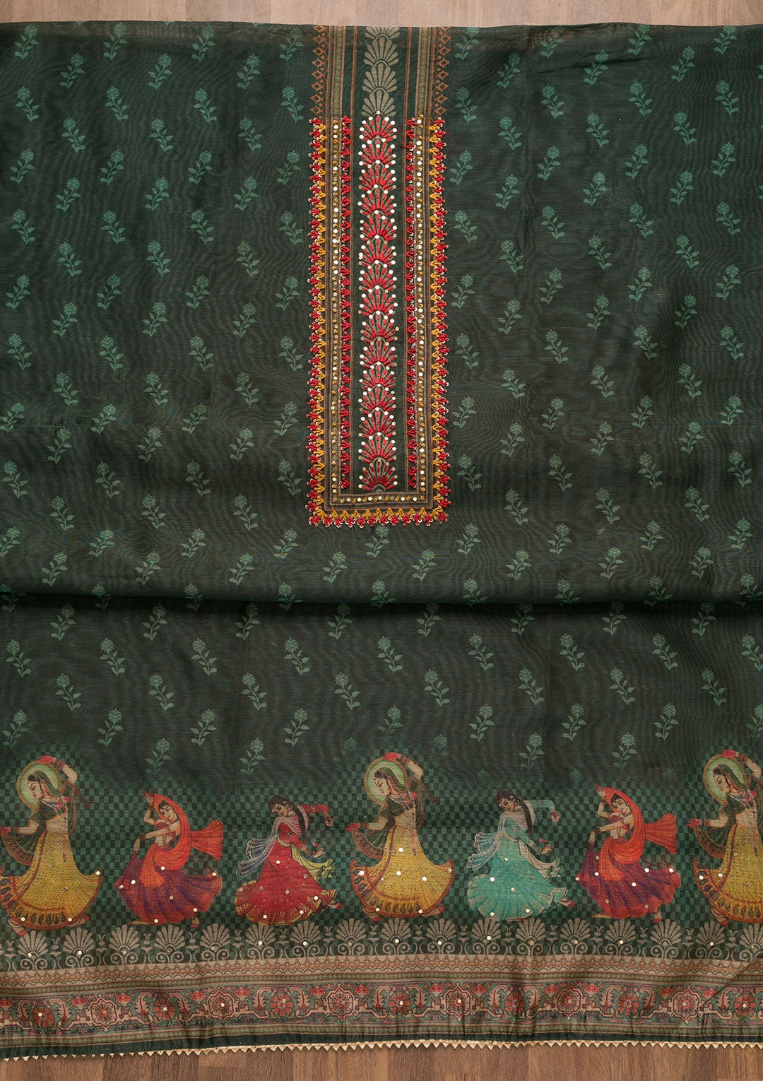 Rama Green Threadwork Chanderi Unstitched Salwar Suit-Koskii
