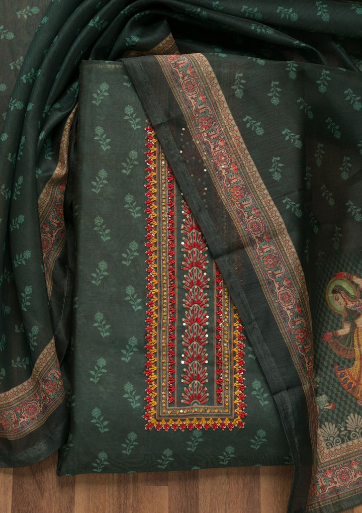 Rama Green Threadwork Chanderi Unstitched Salwar Suit-Koskii