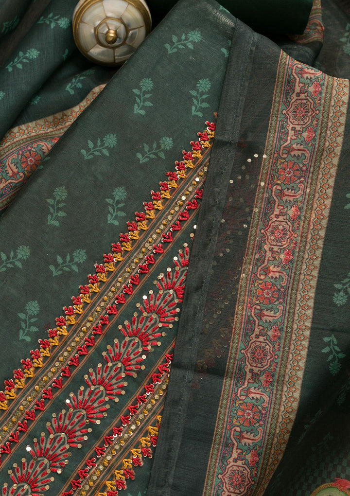 Rama Green Threadwork Chanderi Unstitched Salwar Suit-Koskii