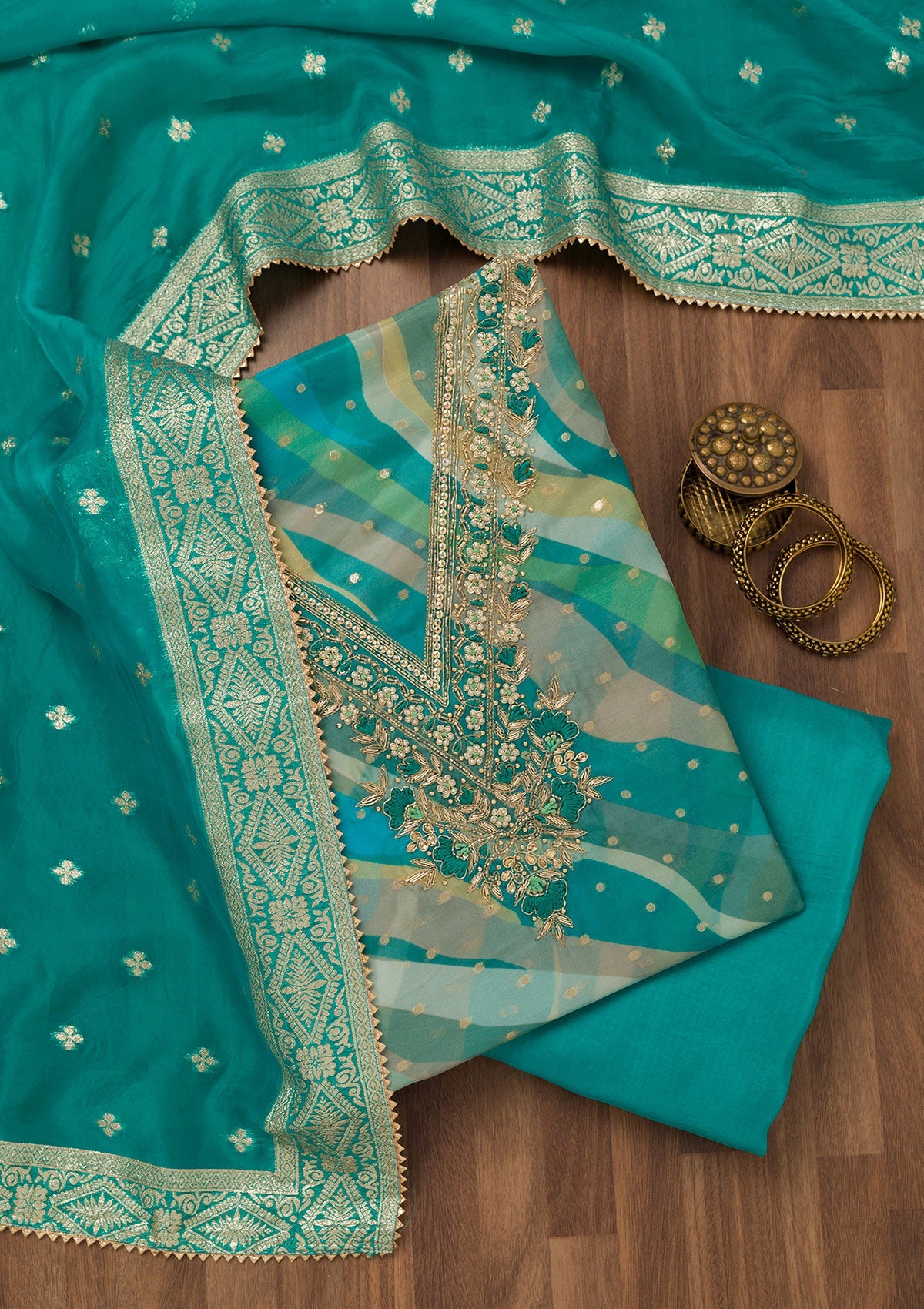 Rama Green Threadwork Chiffon Unstitched Salwar Suit-Koskii