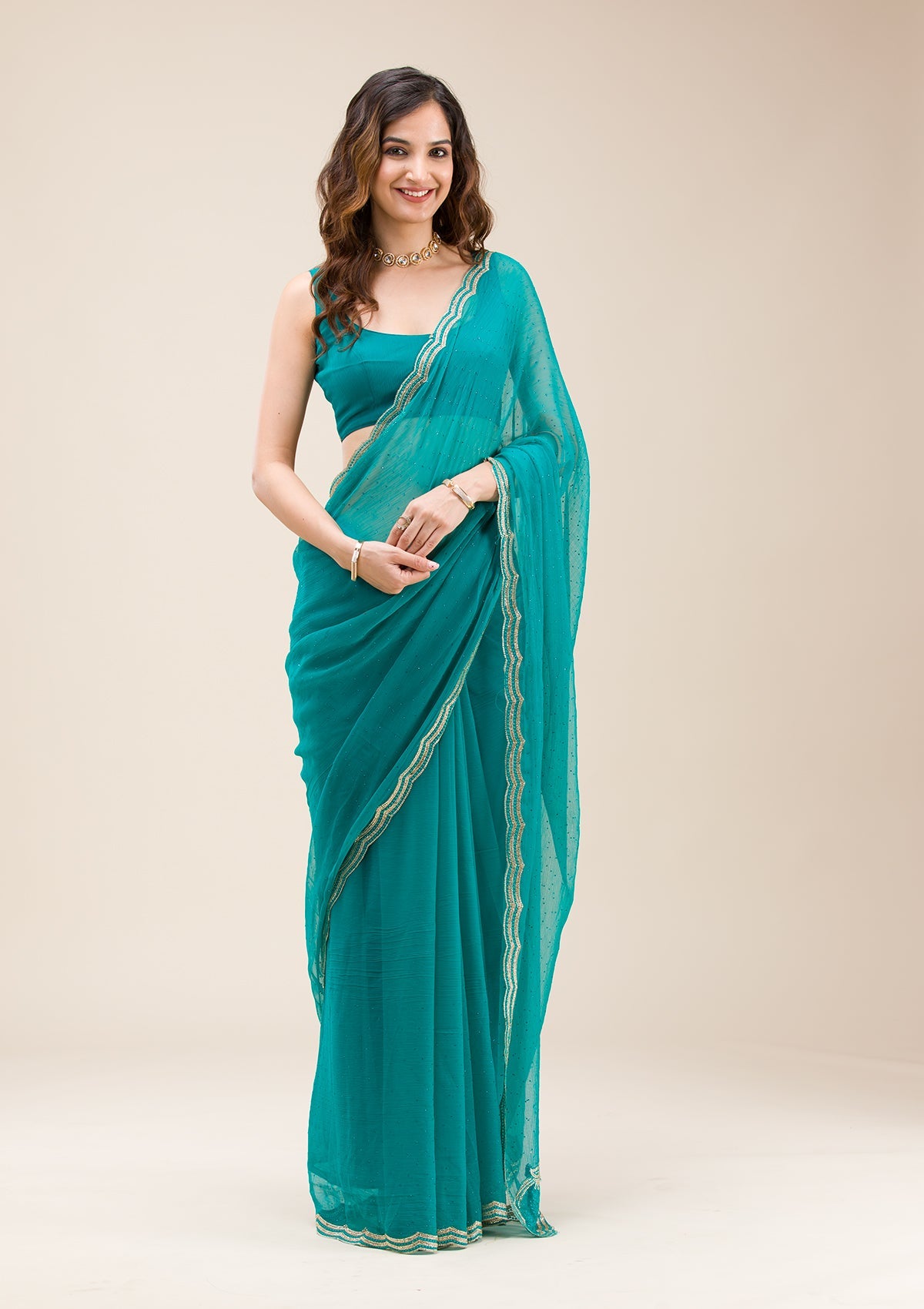 Rama Green Threadwork Chiffon Saree-Koskii