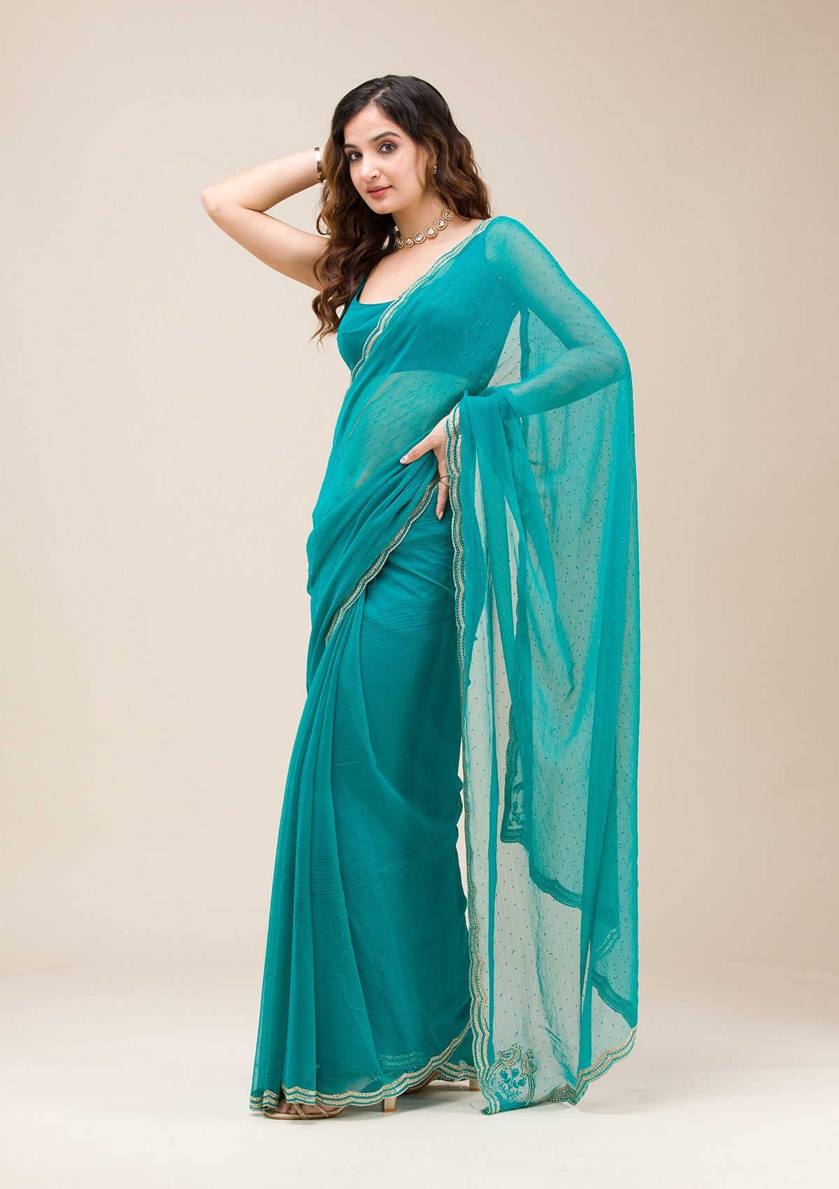 Rama Green Threadwork Chiffon Saree-Koskii