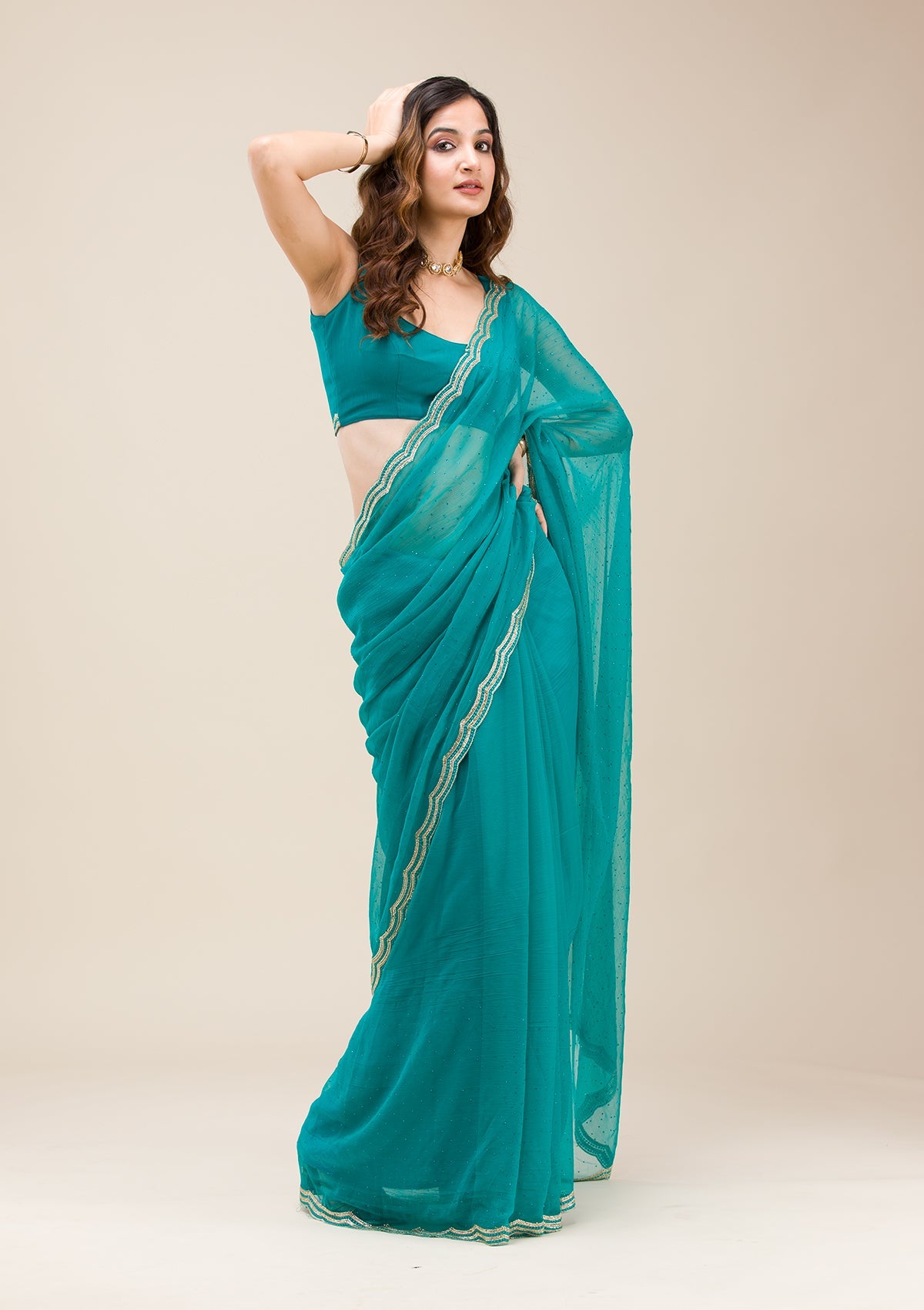 Rama Green Threadwork Chiffon Saree-Koskii