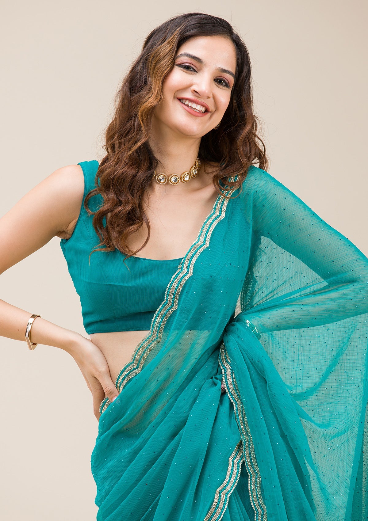 Rama Green Threadwork Chiffon Saree-Koskii