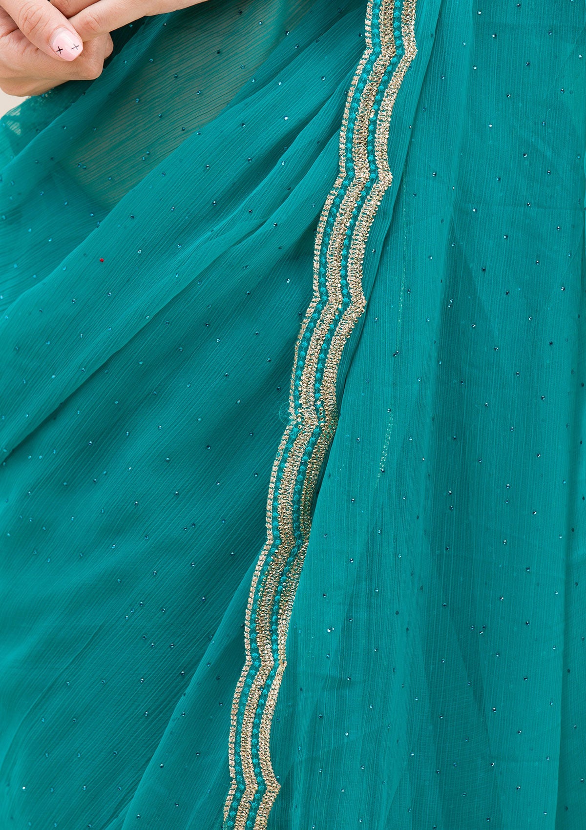 Rama Green Threadwork Chiffon Saree-Koskii