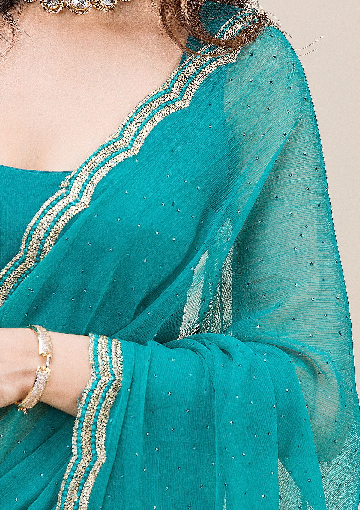 Rama Green Threadwork Chiffon Saree-Koskii