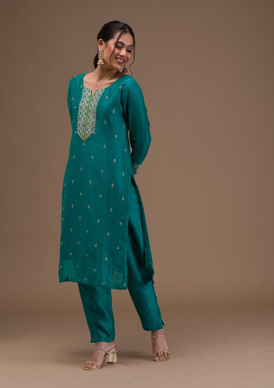 Rama Green Threadwork Rawsilk Readymade Salwar Suit-Koskii