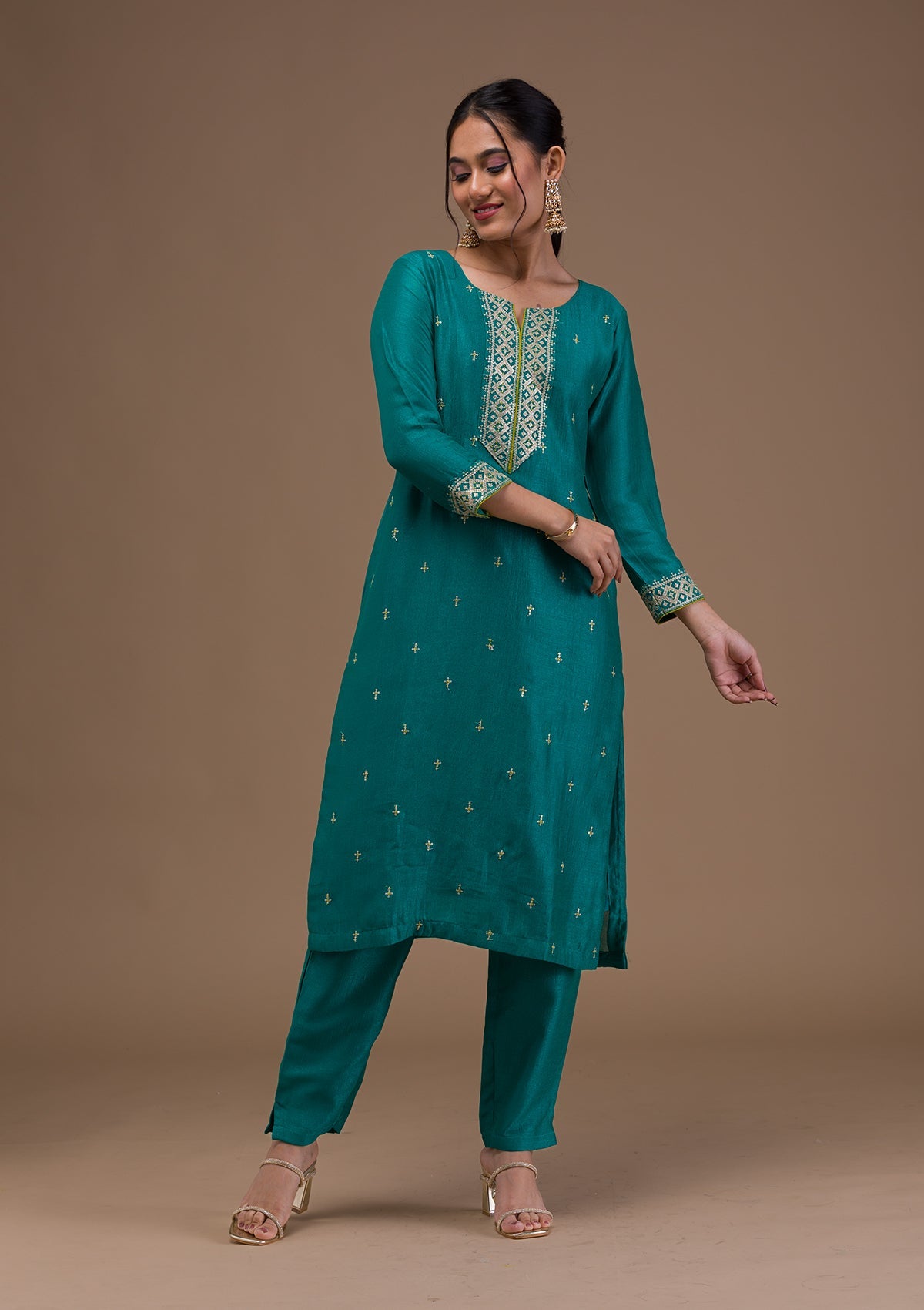 Rama Green Threadwork Rawsilk Readymade Salwar Suit-Koskii