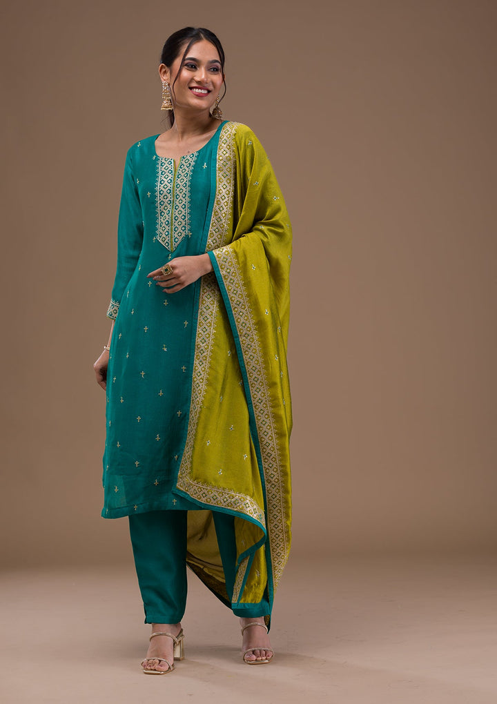Rama Green Threadwork Rawsilk Readymade Salwar Suit-Koskii