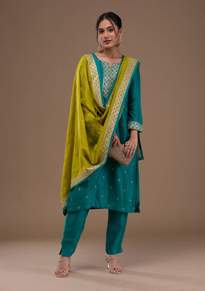 Rama Green Threadwork Rawsilk Readymade Salwar Suit-Koskii