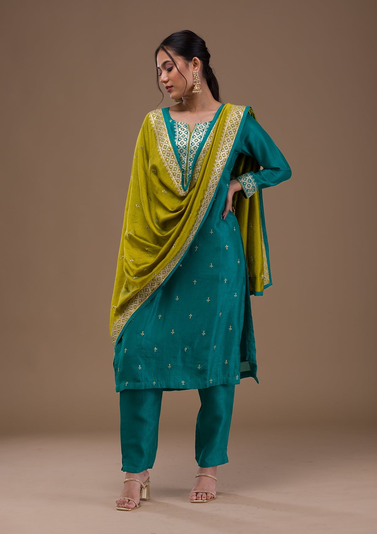 Rama Green Threadwork Rawsilk Readymade Salwar Suit-Koskii