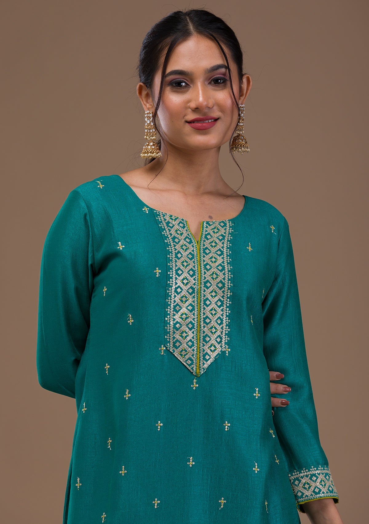 Rama Green Threadwork Rawsilk Readymade Salwar Suit-Koskii
