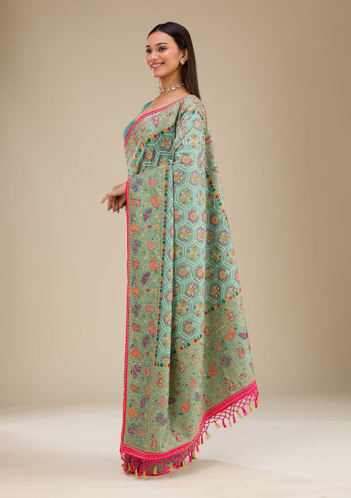 Rama Green Threadwork Soft Silk Saree-Koskii