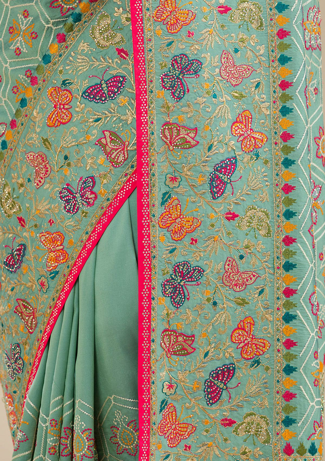 Rama Green Threadwork Soft Silk Saree-Koskii