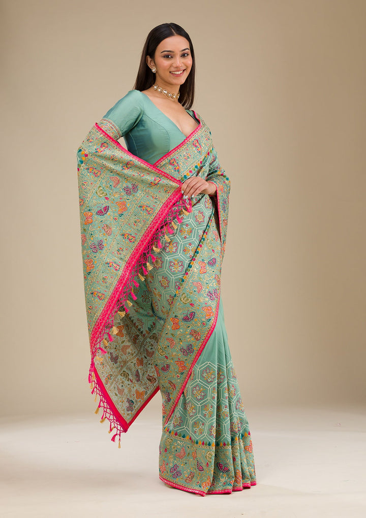 Rama Green Threadwork Soft Silk Saree-Koskii