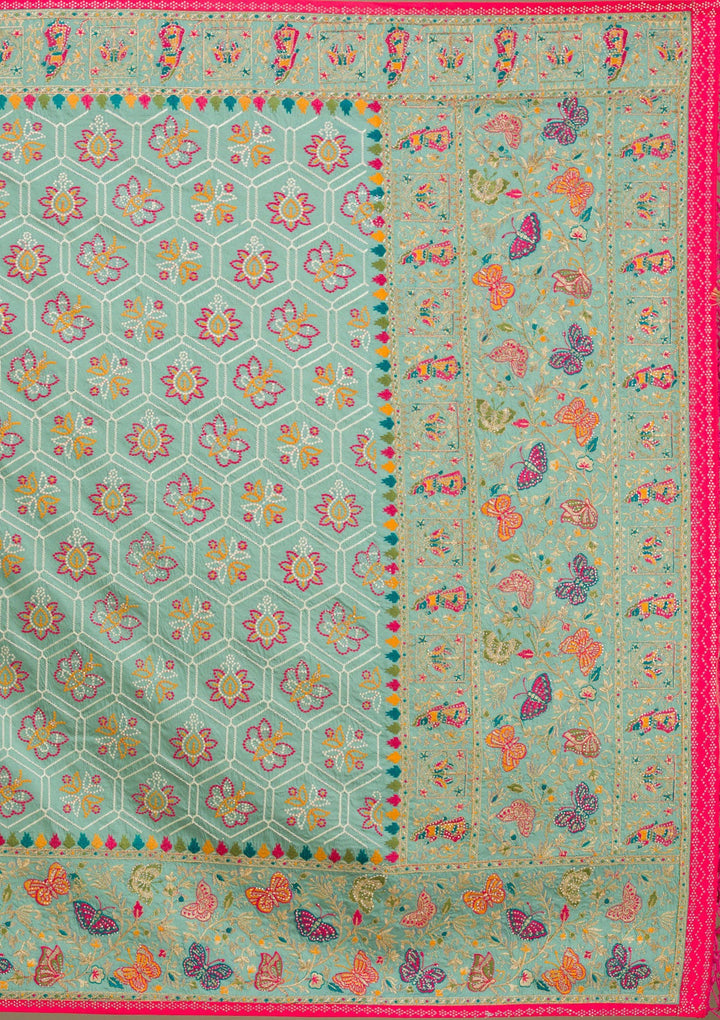 Rama Green Threadwork Soft Silk Saree-Koskii