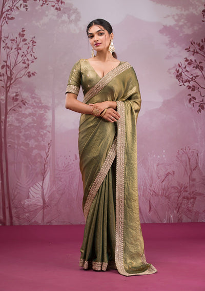 Rama Green Threadwork Tissue Saree-Koskii