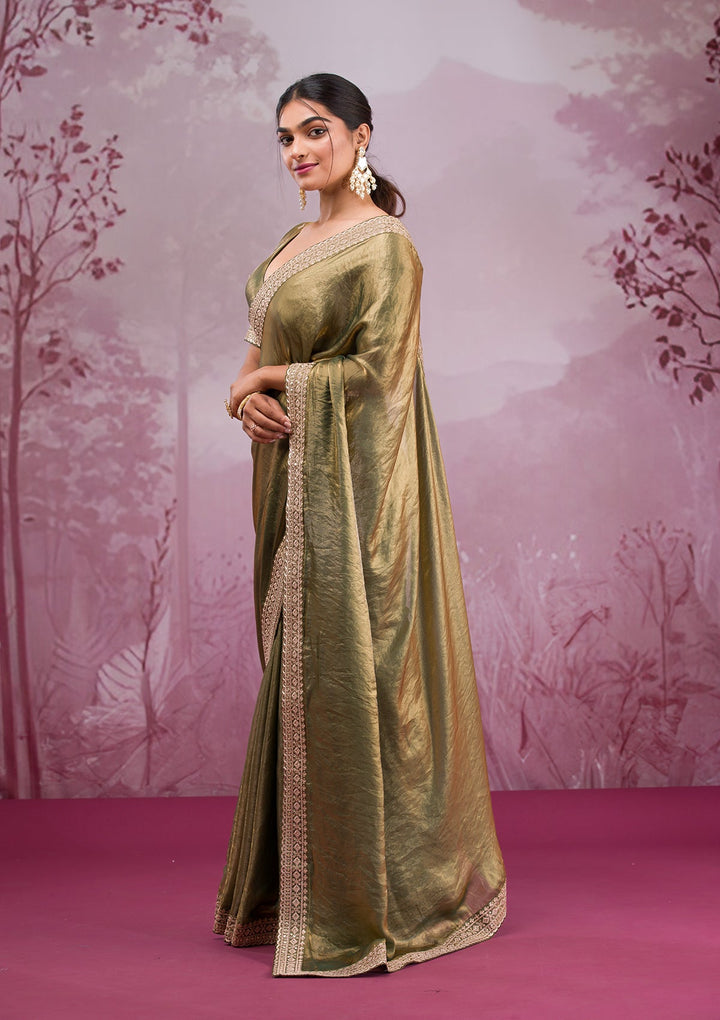 Rama Green Threadwork Tissue Saree-Koskii