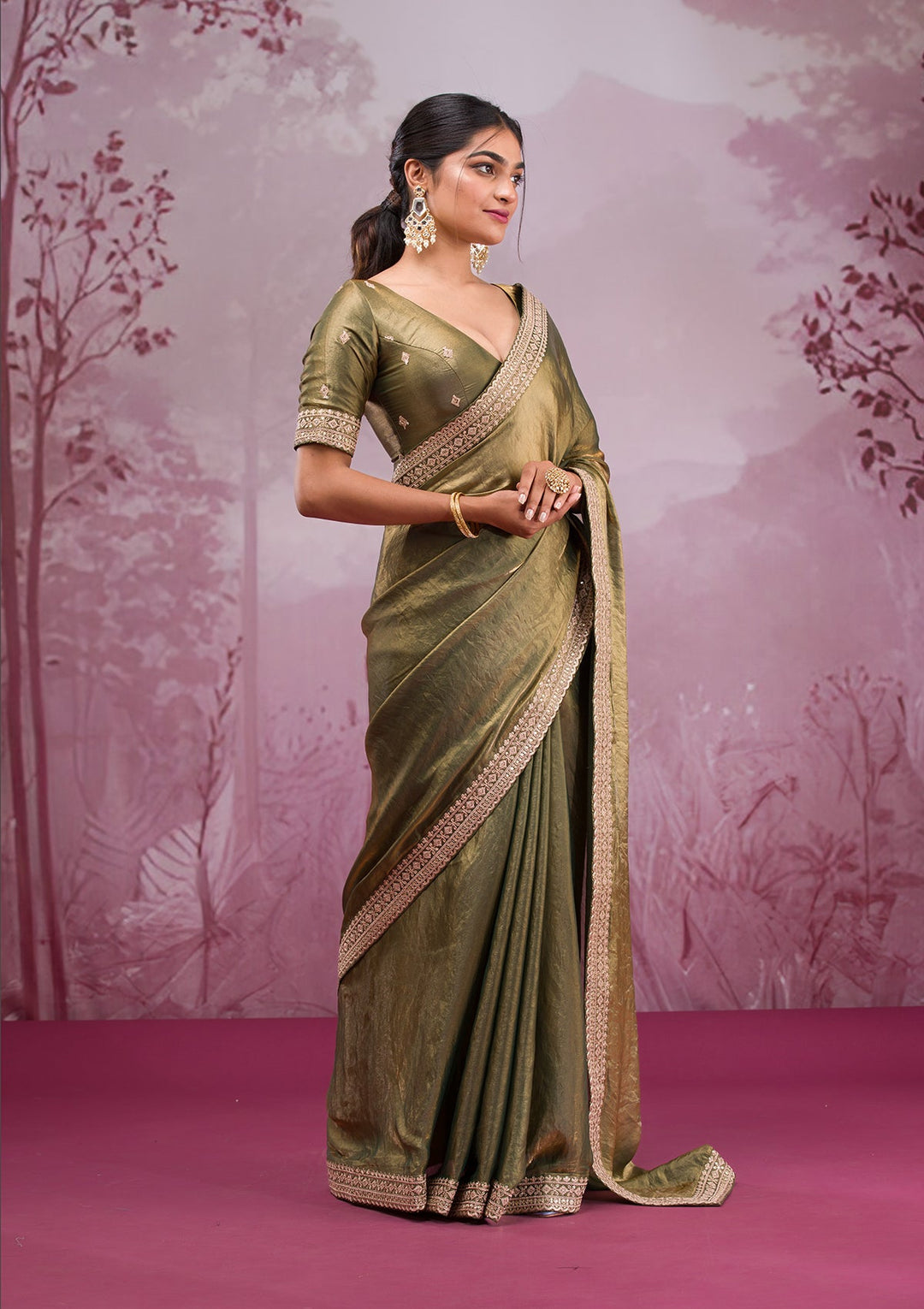 Rama Green Threadwork Tissue Saree-Koskii