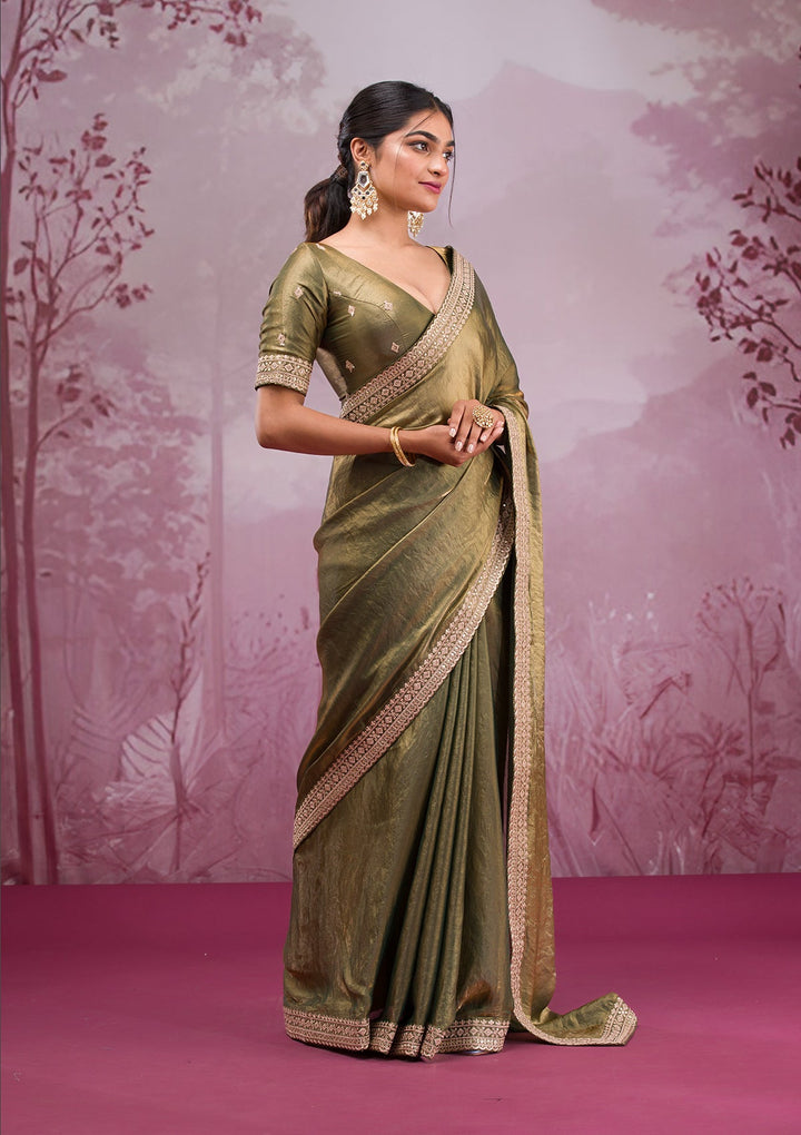Rama Green Threadwork Tissue Saree-Koskii