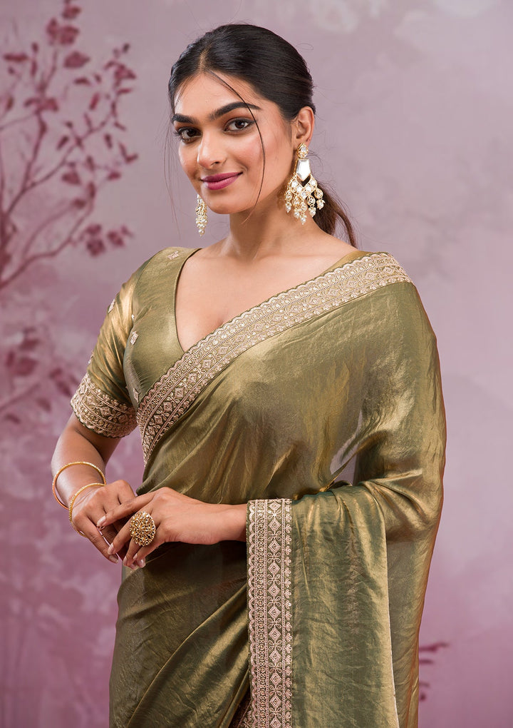 Rama Green Threadwork Tissue Saree-Koskii