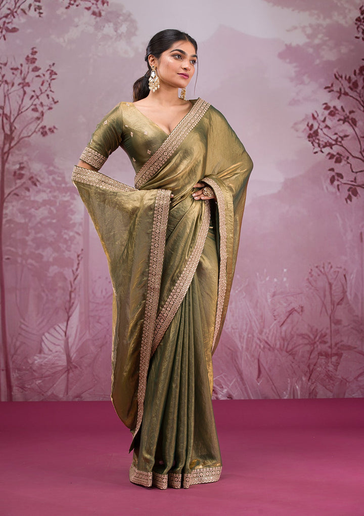 Rama Green Threadwork Tissue Saree-Koskii