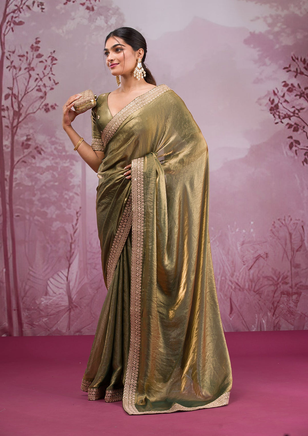 Rama Green Threadwork Tissue Saree-Koskii