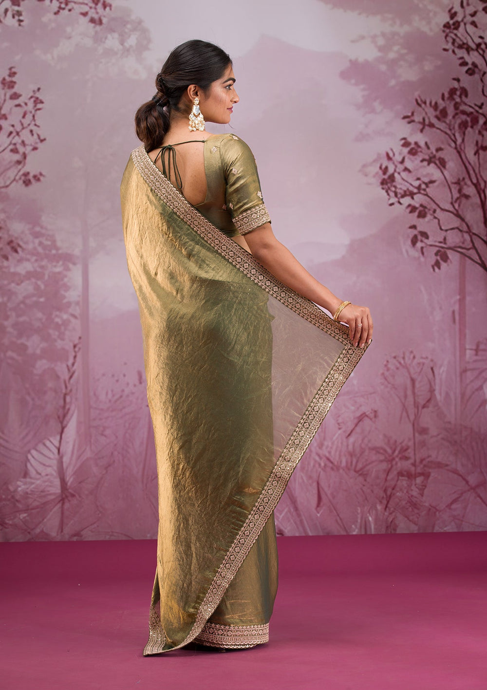 Rama Green Threadwork Tissue Saree-Koskii