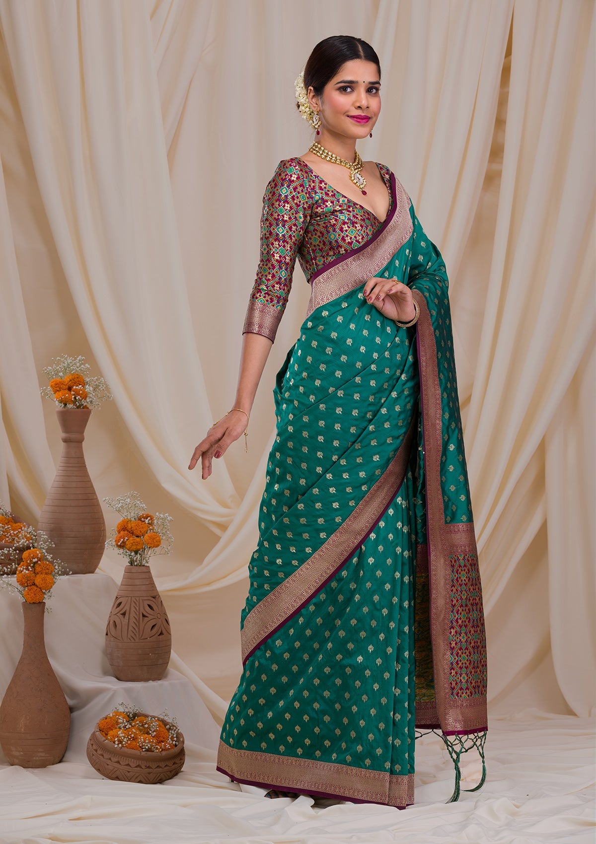 Sea Green Sequins Semi Crepe Designer Saree-Koskii