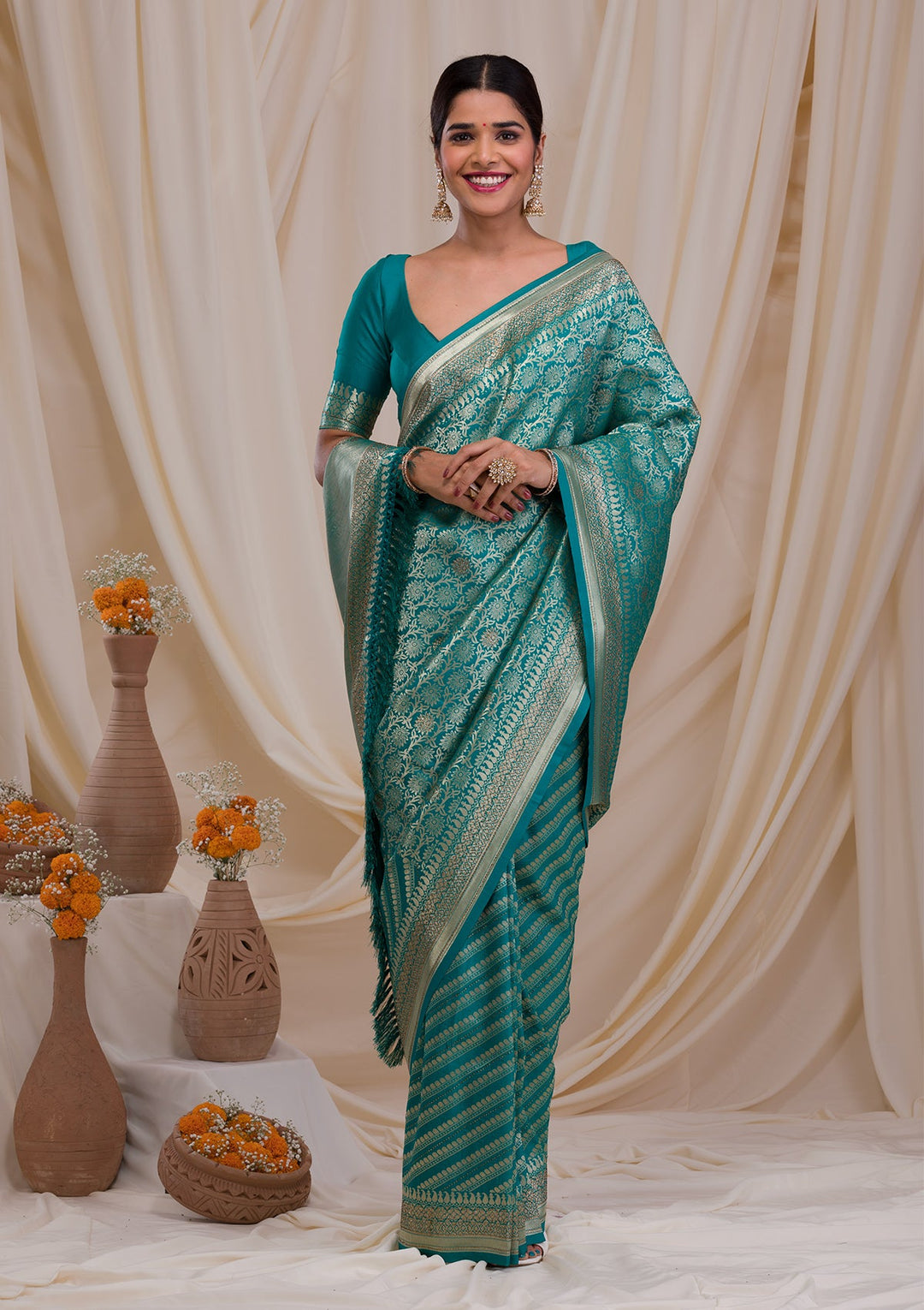 Rama Green Zariwork Art Silk Saree-Koskii