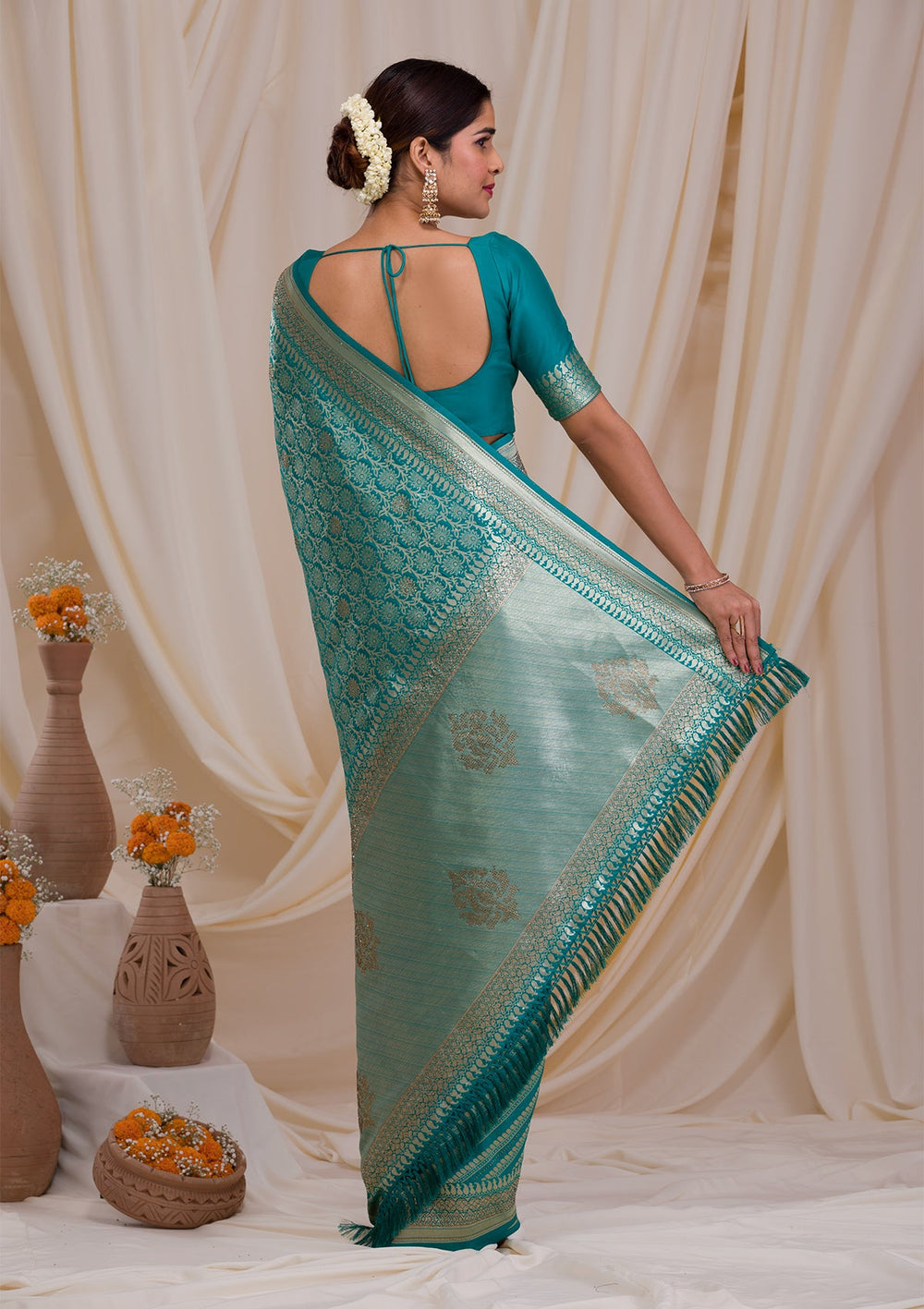 Rama Green Zariwork Art Silk Saree-Koskii