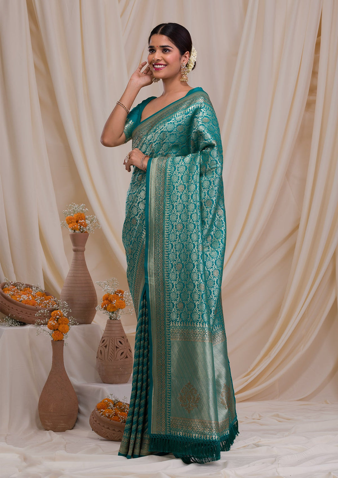 Rama Green Zariwork Art Silk Saree-Koskii
