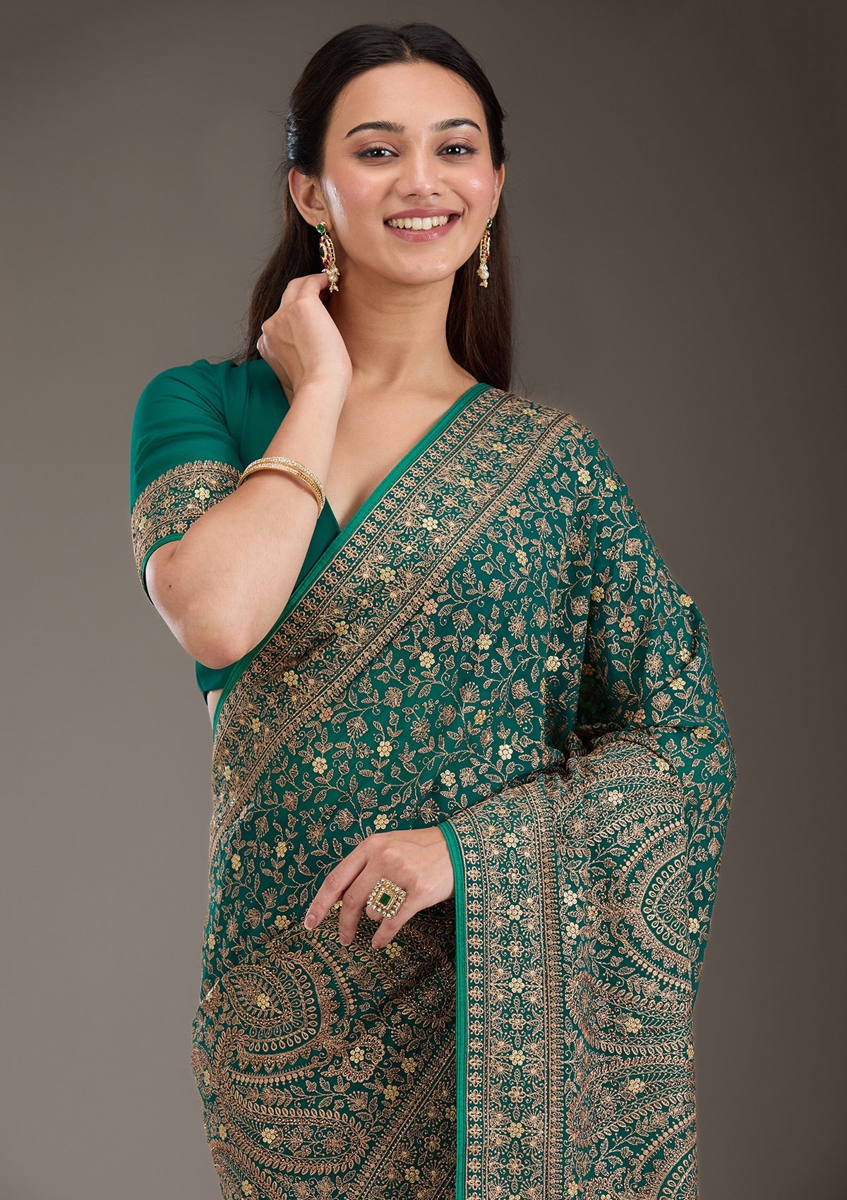 Rama Green Zariwork Georgette Saree-Koskii