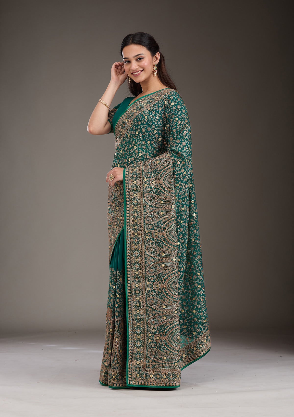 Rama Green Zariwork Georgette Saree-Koskii