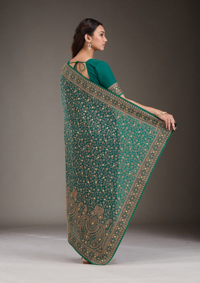 Rama Green Zariwork Georgette Saree-Koskii