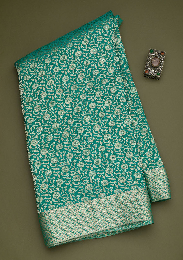 Rama Green Zariwork Pure Silk Saree-Koskii
