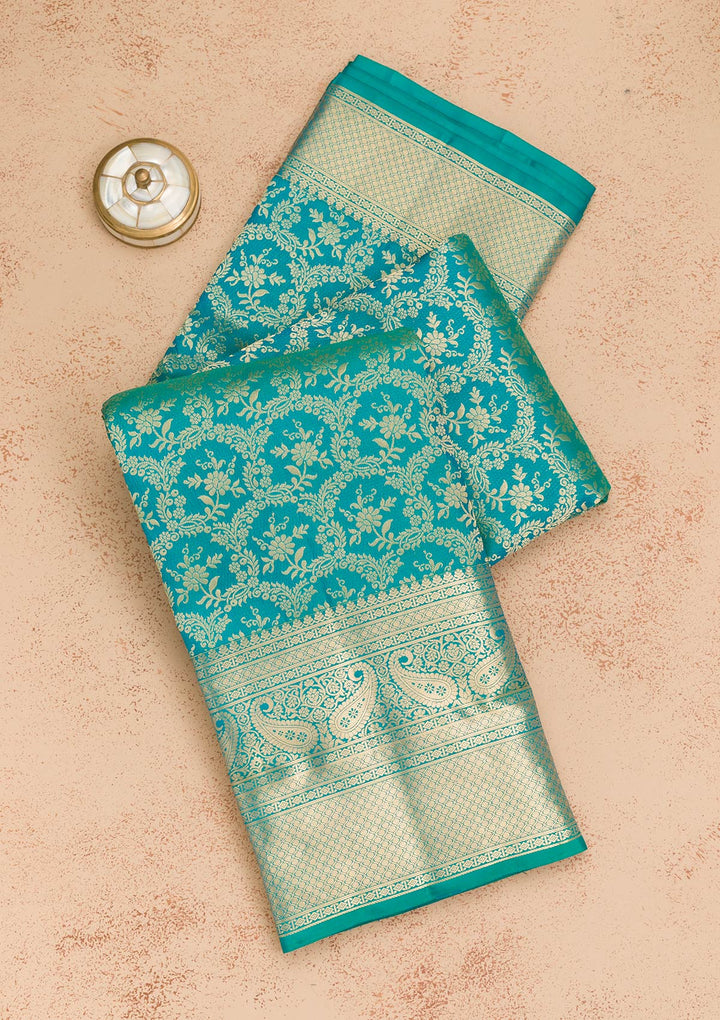Rama Green Zariwork Pure Silk Saree-Koskii