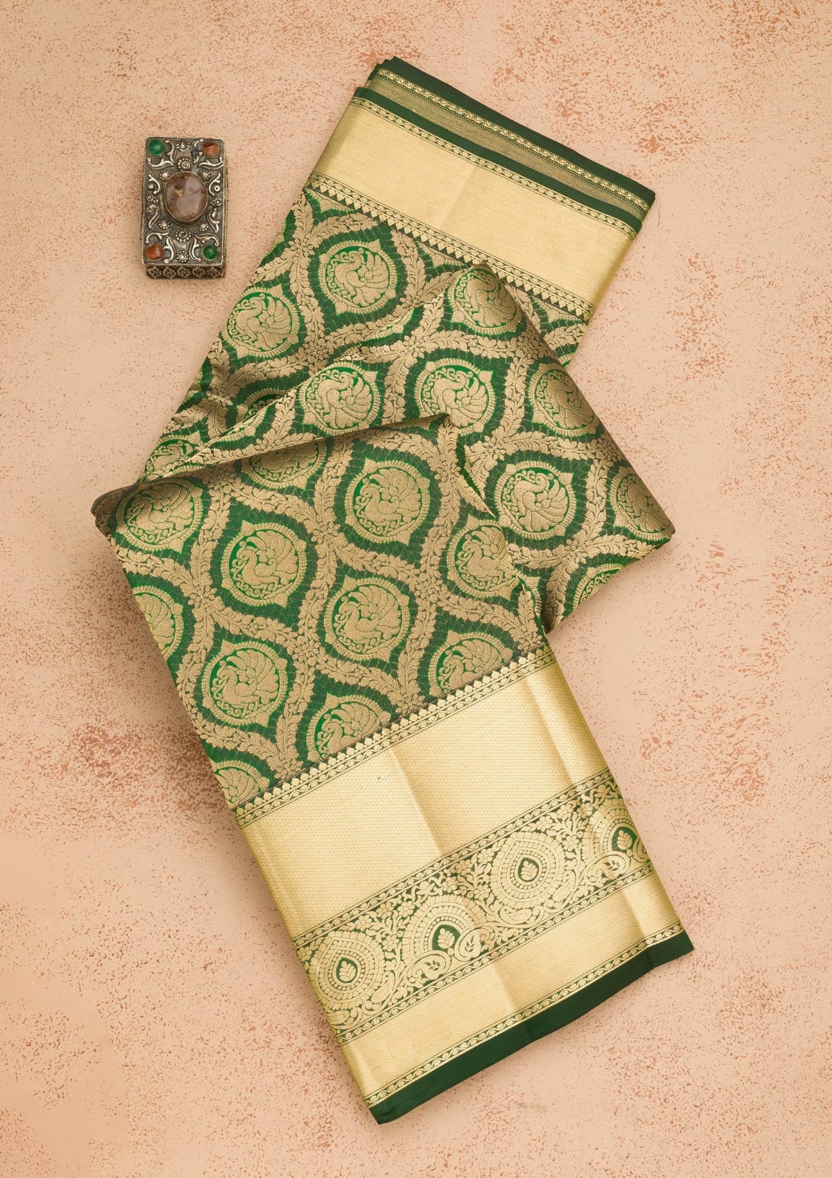 Bottle Green Zariwork Pure Silk Saree-Koskii