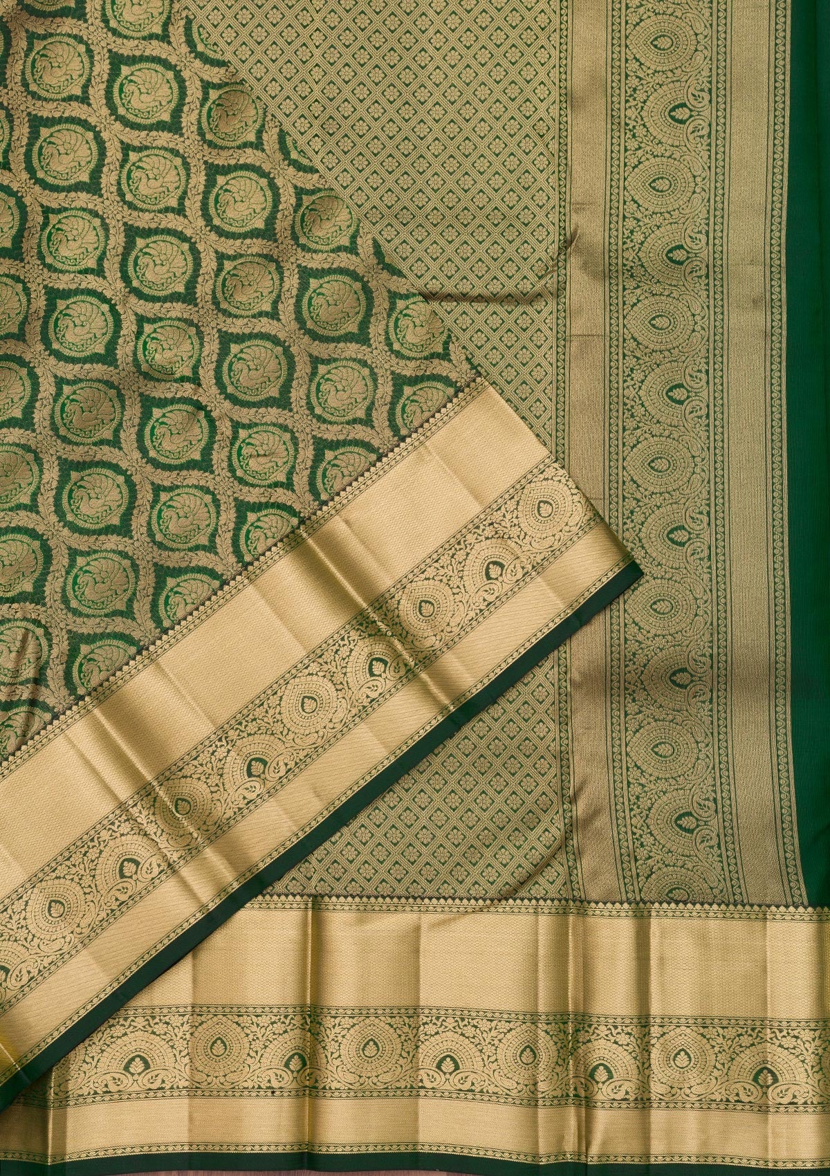 Bottle Green Zariwork Pure Silk Saree-Koskii