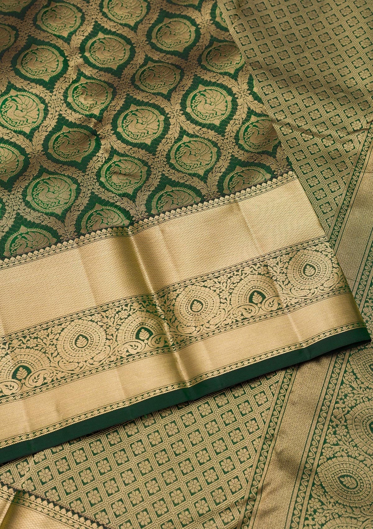 Bottle Green Zariwork Pure Silk Saree-Koskii