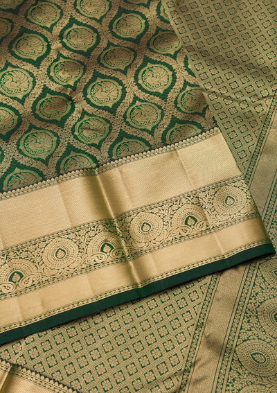 Bottle Green Zariwork Pure Silk Saree-Koskii