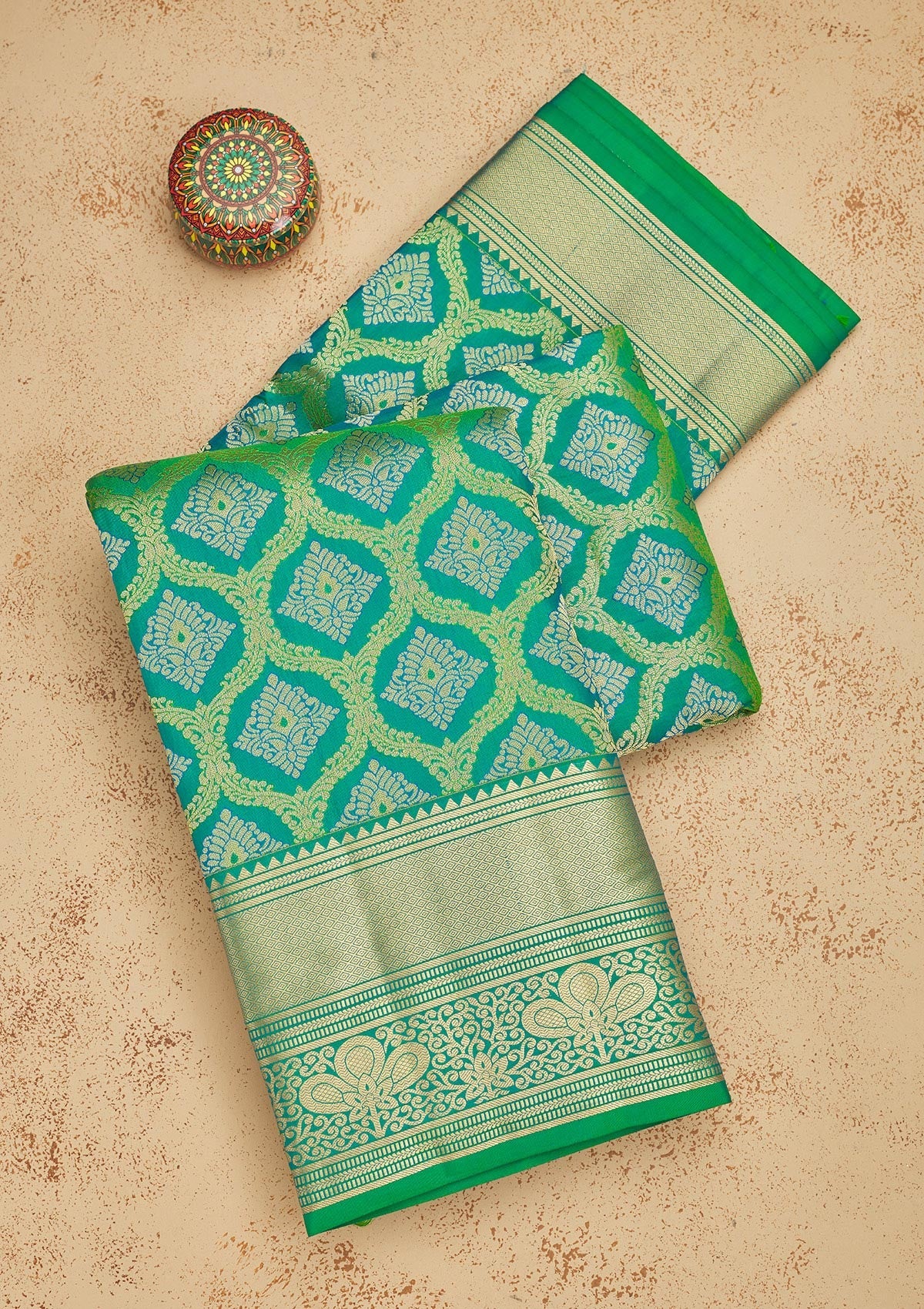 Rama Green Zariwork Pure Silk Saree-Koskii