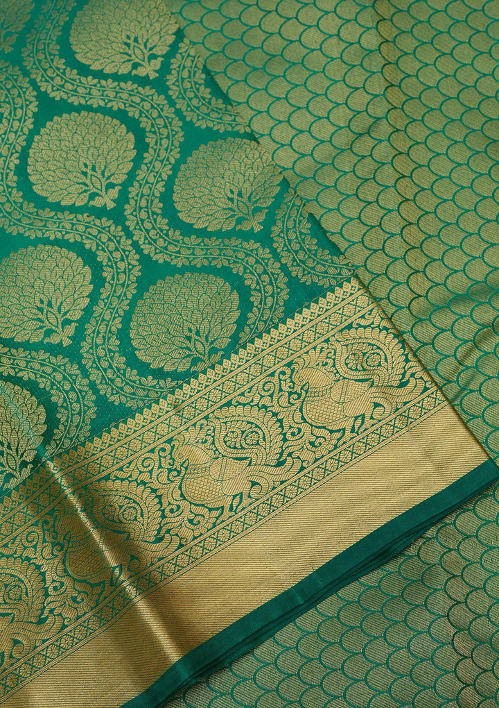 Rama Green Zariwork Pure Silk Saree-Koskii
