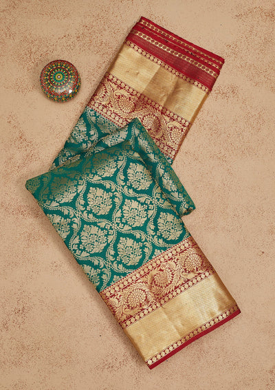 Rama Green Zariwork Pure Silk Saree-Koskii